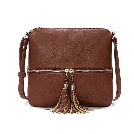 Lightweight Medium Sized Purse Dome Avery Crossbody Bag with Tassel and Zipper Pocket and Adjustable Strap