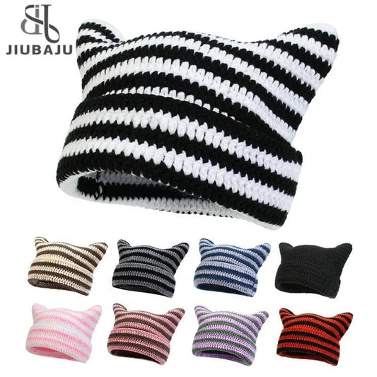 Little Demon Stripe Bonnet Cute Cartoon Cat Ear Knitted Hat Fashion Knit Piglet Cap Autumn Winter Warm Soft Beanies