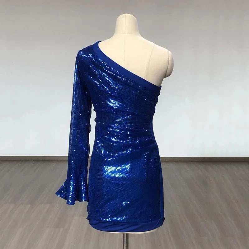 Liu Ming 2024 New Products Chic High Fashion Women Sexy Sequins One Shoulder Long Sleeve Mini Bodycon Party Dresses