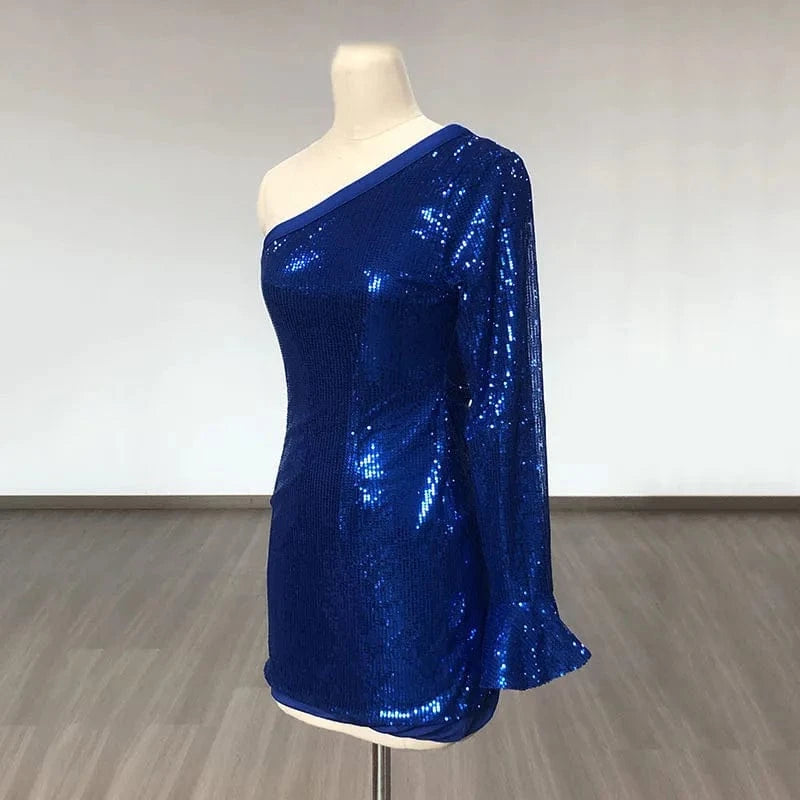 Liu Ming 2024 New Products Chic High Fashion Women Sexy Sequins One Shoulder Long Sleeve Mini Bodycon Party Dresses