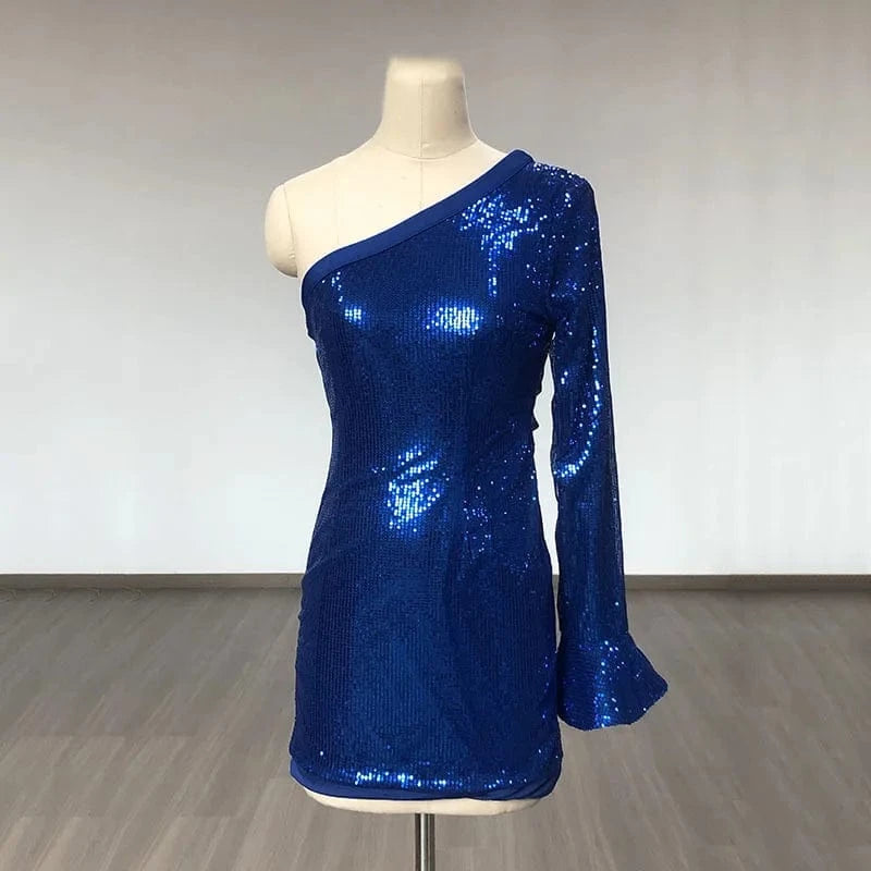 Liu Ming 2024 New Products Chic High Fashion Women Sexy Sequins One Shoulder Long Sleeve Mini Bodycon Party Dresses