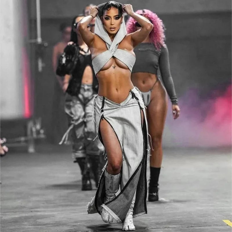 Liu Ming 2024 New Products Women Y2K Elegant Two Pieces Set Short Hoodies Camisole Vest Tops Skinny Zipper Long Skirt Suit