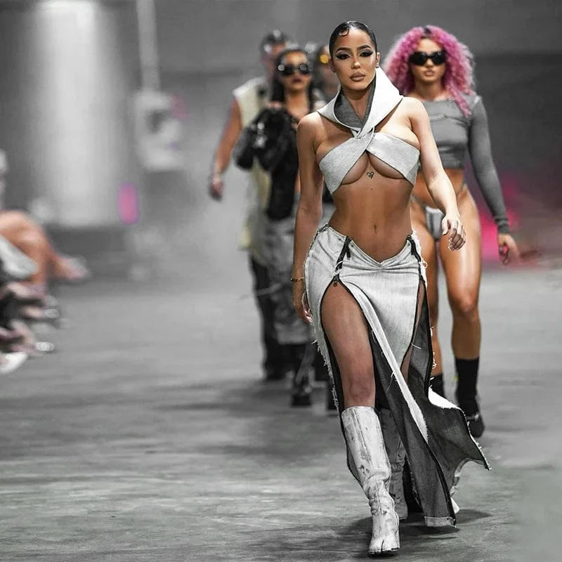 Liu Ming 2024 New Products Women Y2K Elegant Two Pieces Set Short Hoodies Camisole Vest Tops Skinny Zipper Long Skirt Suit