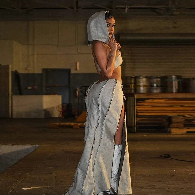 Liu Ming 2024 New Products Women Y2K Elegant Two Pieces Set Short Hoodies Camisole Vest Tops Skinny Zipper Long Skirt Suit