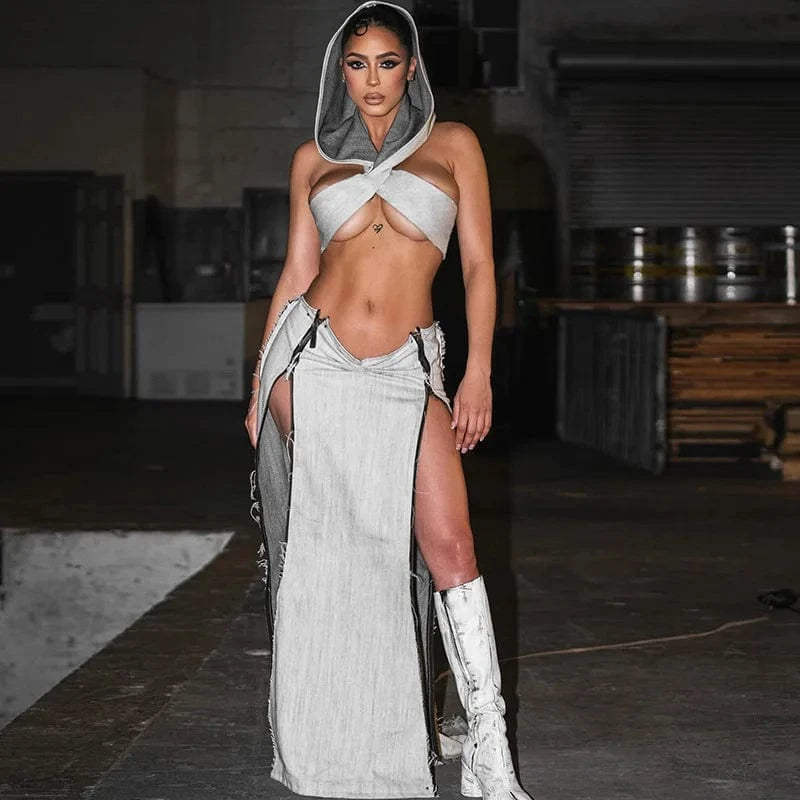 Liu Ming 2024 New Products Women Y2K Elegant Two Pieces Set Short Hoodies Camisole Vest Tops Skinny Zipper Long Skirt Suit