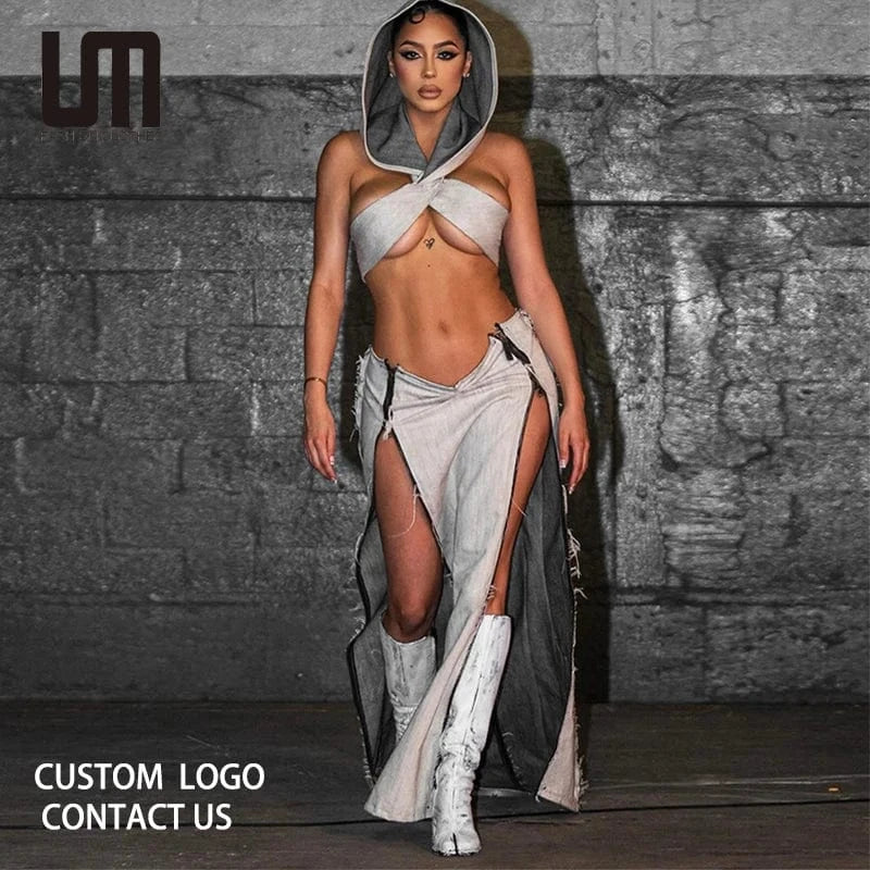 Liu Ming 2024 New Products Women Y2K Elegant Two Pieces Set Short Hoodies Camisole Vest Tops Skinny Zipper Long Skirt Suit