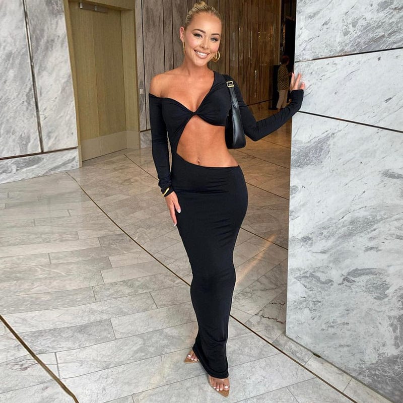 Liu Ming Autumn New Design 2024 Trends Women Y2K Asymmetrical Long Sleeve Hollow Out Club Outfit Maxi Dress