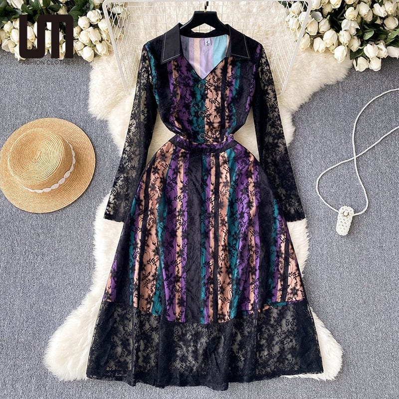 Liu Ming Autumn Winter Wholesale 2024 Trends Women Elegant Lace Mesh Long Sleeve Floral Vintage Dress