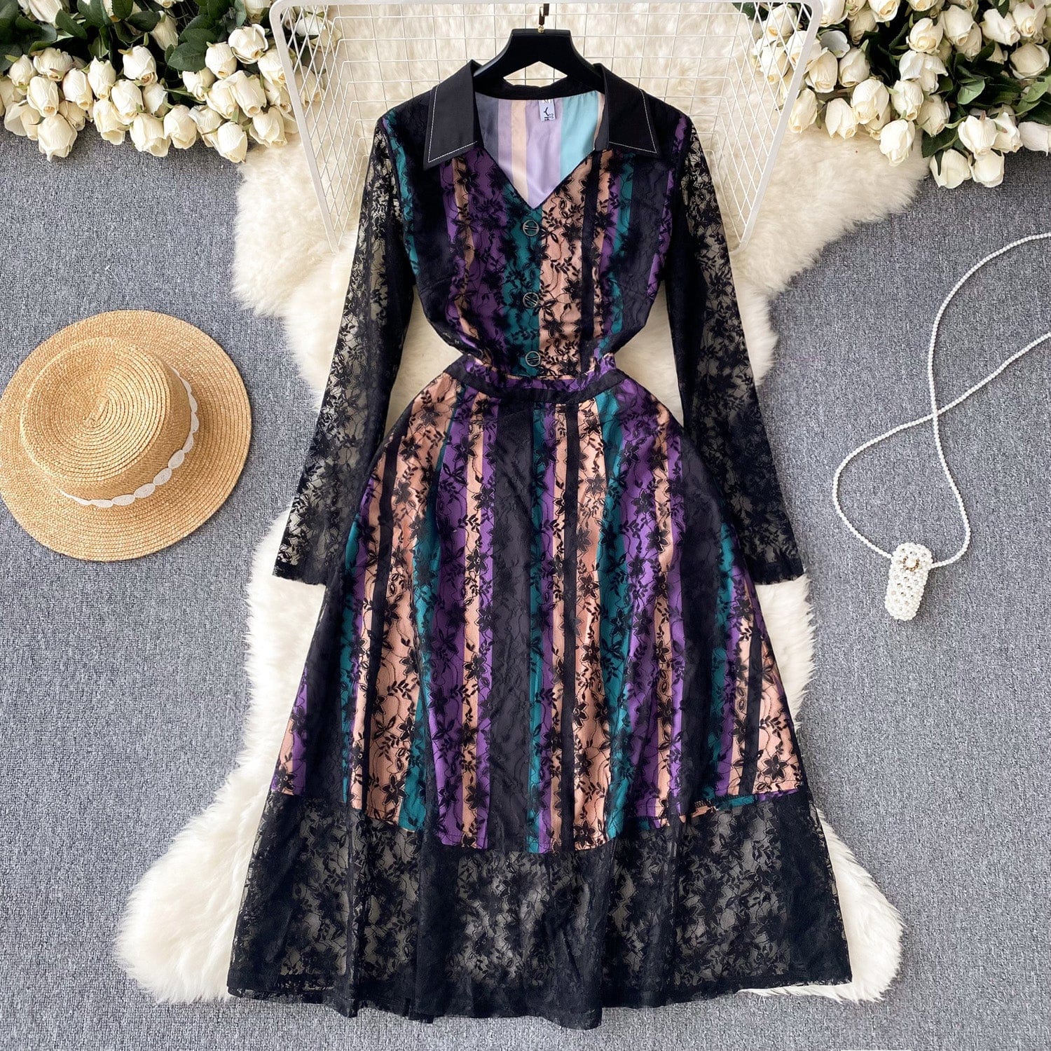 Liu Ming Autumn Winter Wholesale 2024 Trends Women Elegant Lace Mesh Long Sleeve Floral Vintage Dress
