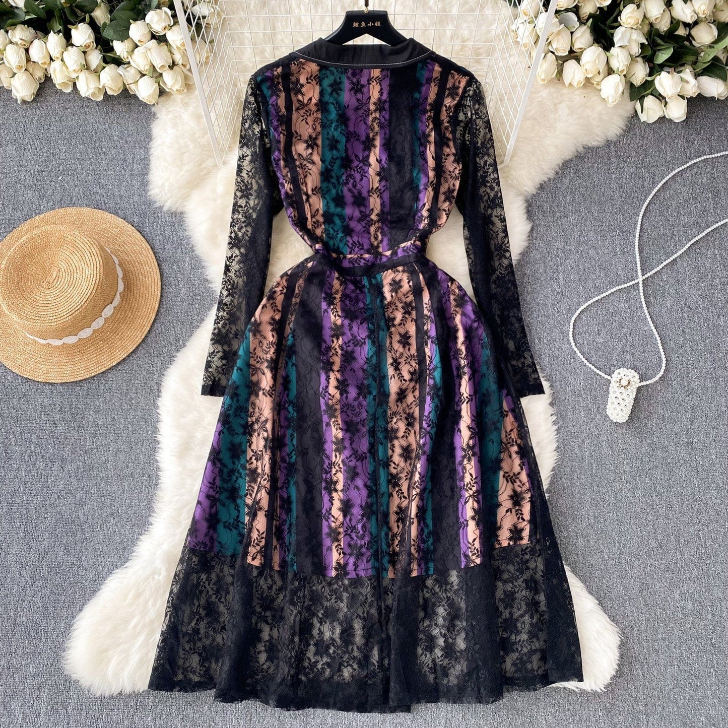Liu Ming Autumn Winter Wholesale 2024 Trends Women Elegant Lace Mesh Long Sleeve Floral Vintage Dress