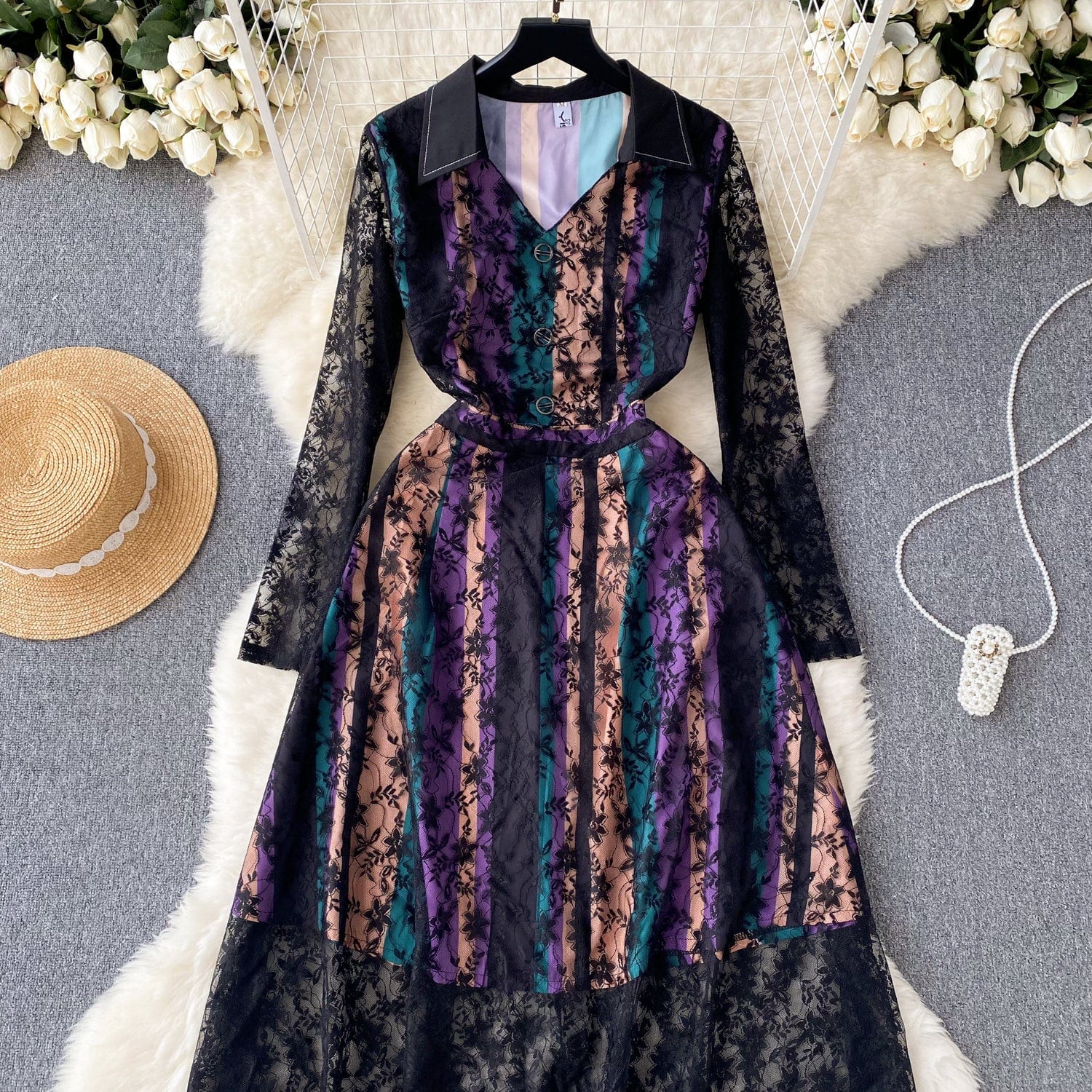 Liu Ming Autumn Winter Wholesale 2024 Trends Women Elegant Lace Mesh Long Sleeve Floral Vintage Dress