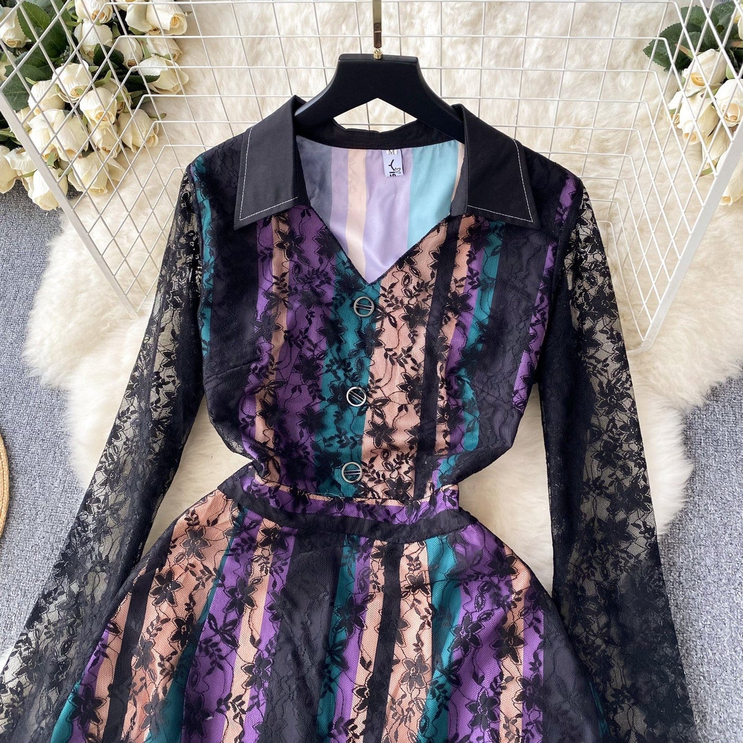 Liu Ming Autumn Winter Wholesale 2024 Trends Women Elegant Lace Mesh Long Sleeve Floral Vintage Dress