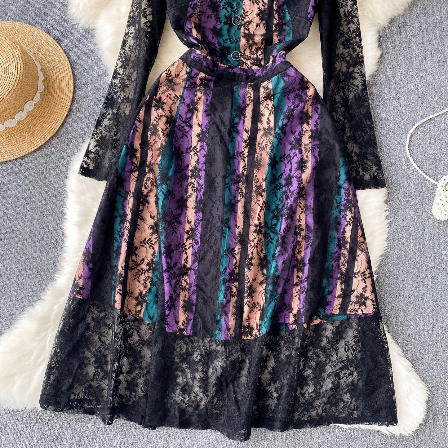 Liu Ming Autumn Winter Wholesale 2024 Trends Women Elegant Lace Mesh Long Sleeve Floral Vintage Dress