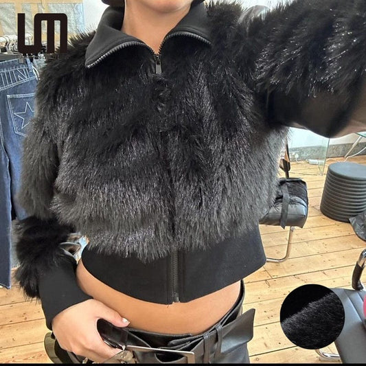 Liu Ming Autumn Winter Women Clothing 2024 Streetwear Black Turtleneck Faux Fur Long Sleeve Zip Up Warm Jacket Coat