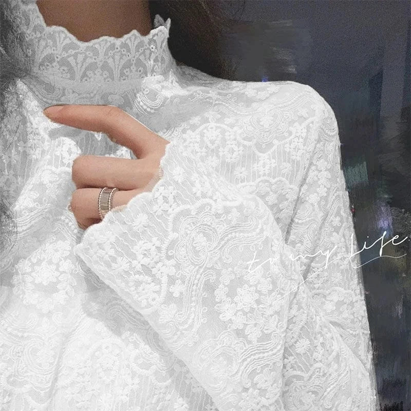 Liu Ming Dropshipping Products 2024 Spring Autumn Long Sleeve Turtleneck Mesh Tops Women Lace Shirt