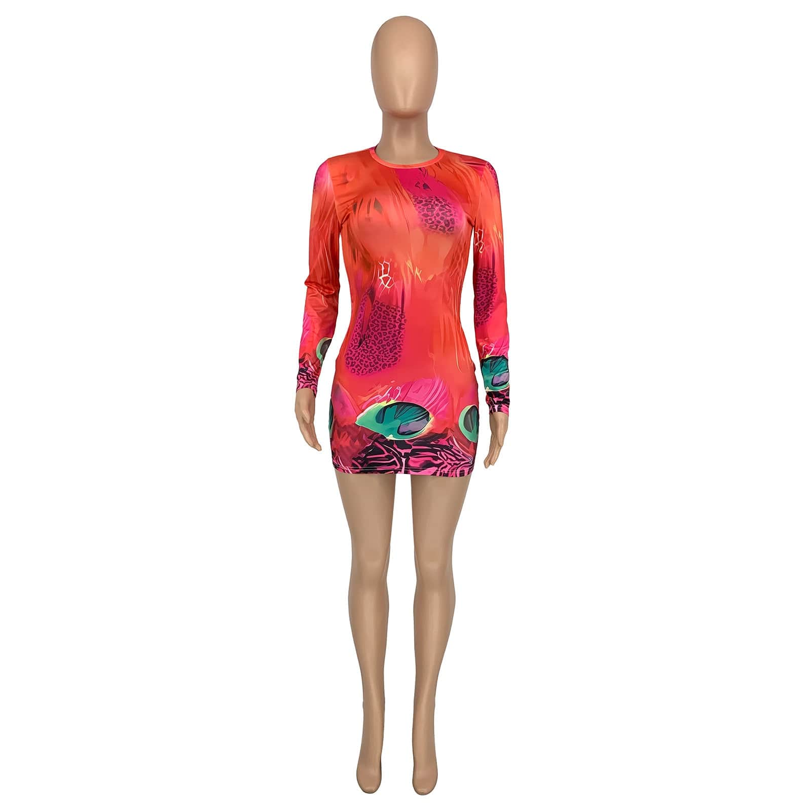 Liu Ming Fall Winter Women Fashion 2023 Sexy Full Printed Long Sleeve High Waist Bodycon Mini Dress