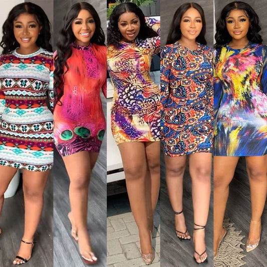 Liu Ming Fall Winter Women Fashion 2023 Sexy Full Printed Long Sleeve High Waist Bodycon Mini Dress