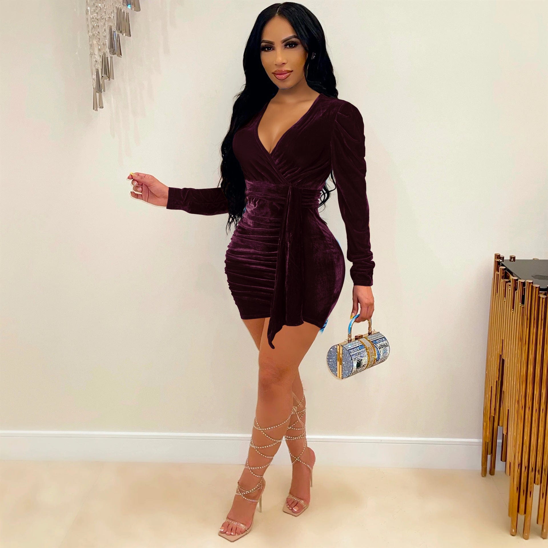 Liu Ming Fashion Fall Winter Women Casual 2023 New Arrivals V Neck Velvet Evening Mini Bodycon Dress
