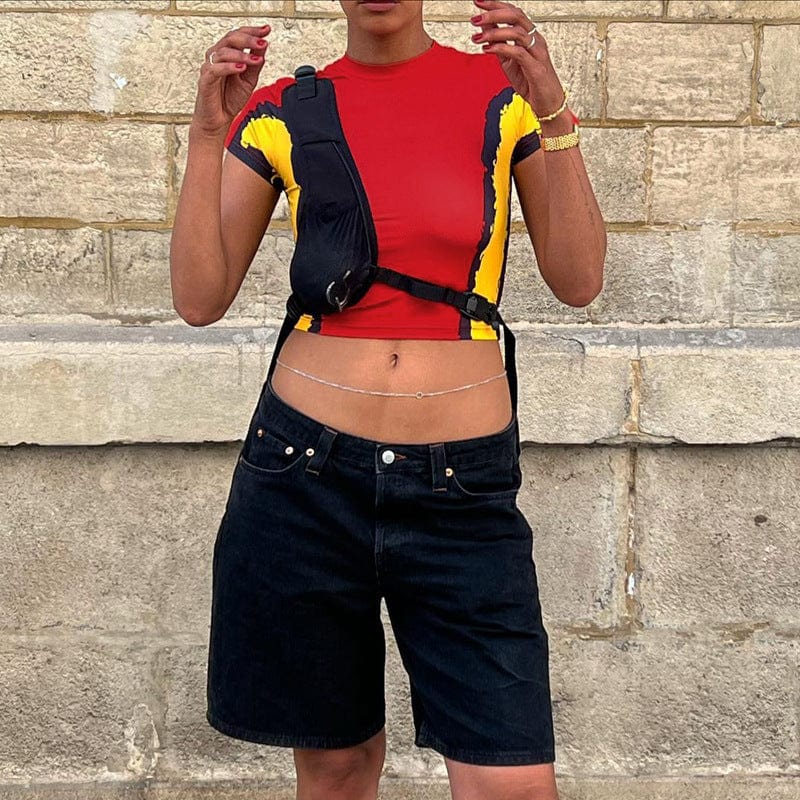 Liu Ming Fashion Streetwear Fall 2024 Women Clothes O Neck Short Sleeve Sexy Slim Crop T Shirt Tops