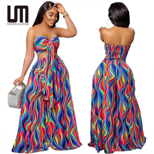 Liu Ming Fashion Summer 2023 Women Casual 2 Piece Set Strapless Top Printed Wide Leg Pants Suit