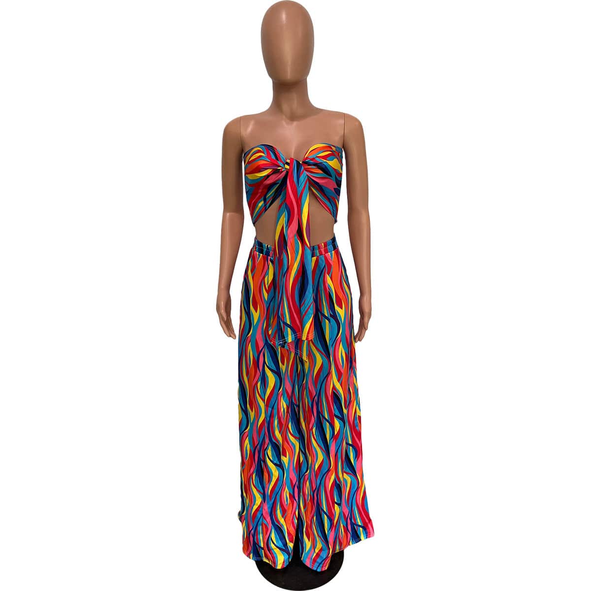 Liu Ming Fashion Summer 2023 Women Casual 2 Piece Set Strapless Top Printed Wide Leg Pants Suit