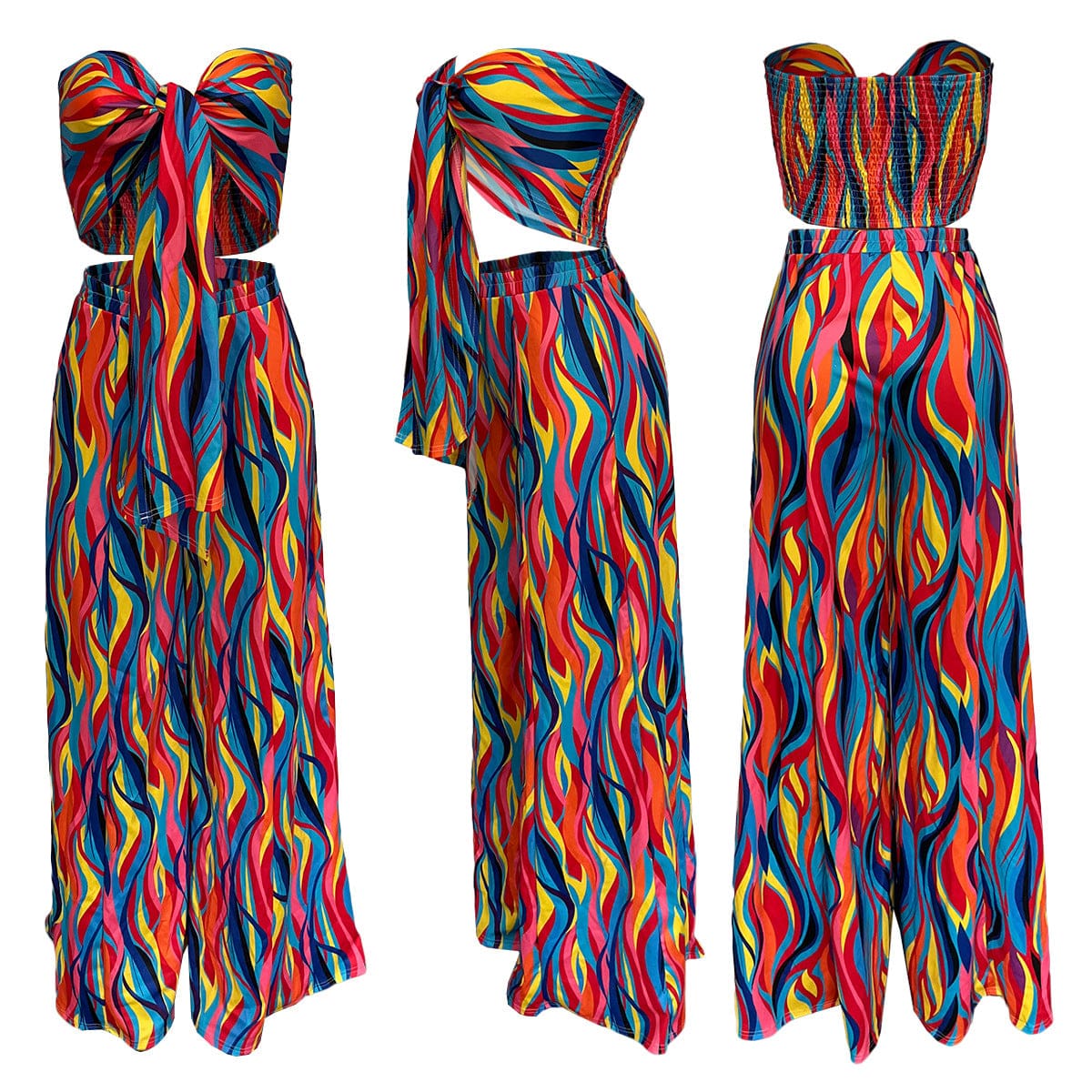 Liu Ming Fashion Summer 2023 Women Casual 2 Piece Set Strapless Top Printed Wide Leg Pants Suit