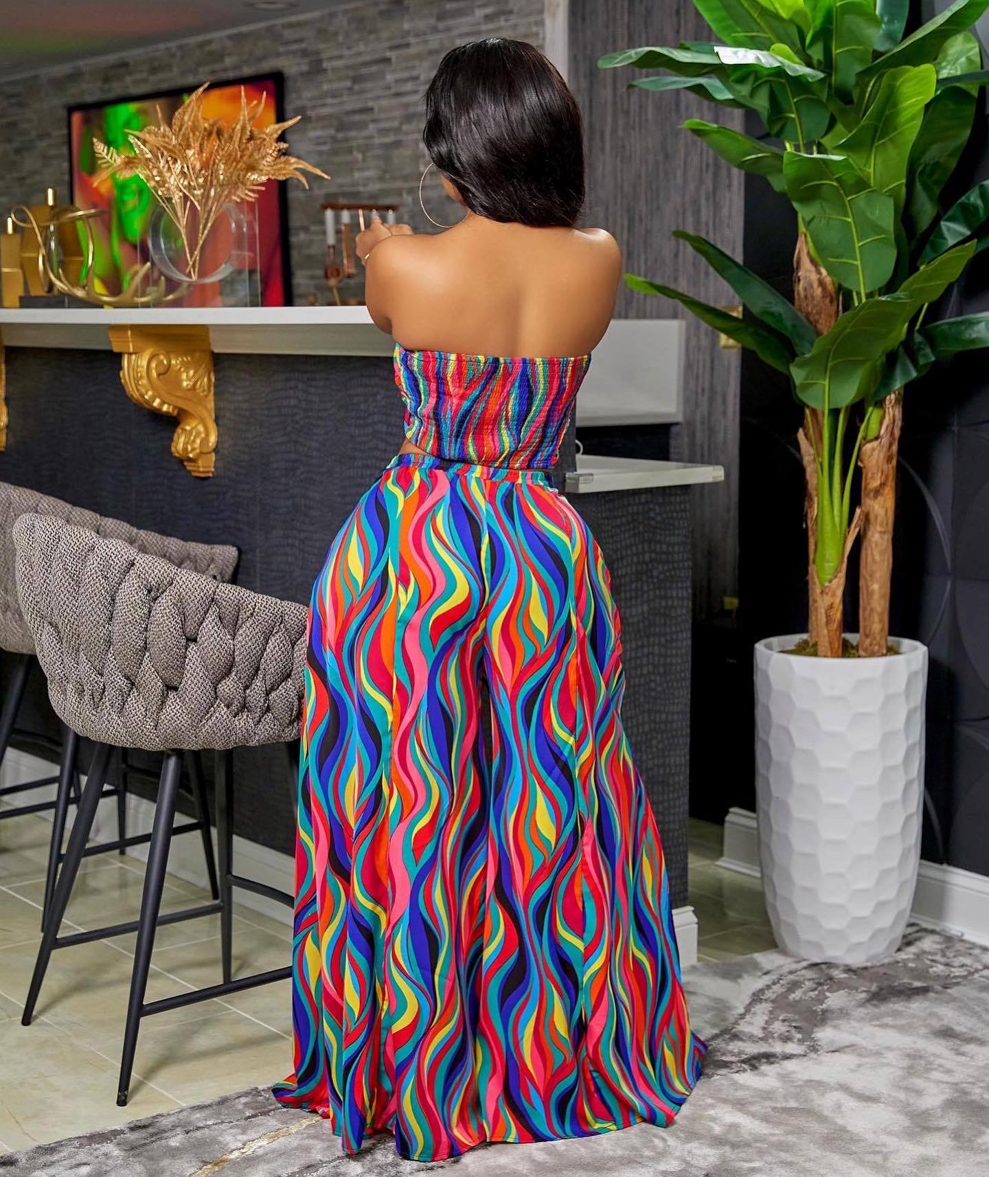 Liu Ming Fashion Summer 2023 Women Casual 2 Piece Set Strapless Top Printed Wide Leg Pants Suit
