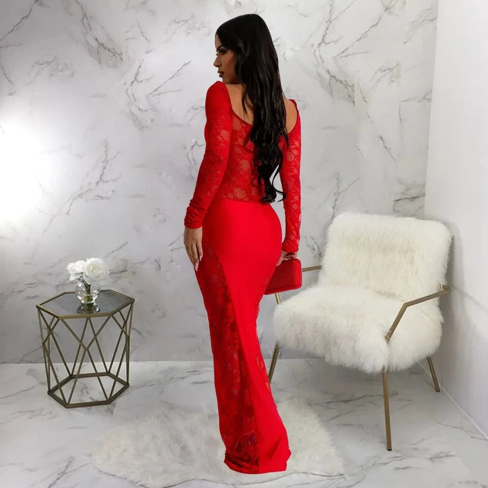 Liu Ming Fashionable 2024 Elegant Women Sexy Lace Patchwork Backless Ladies Party Slim Long Maxi Dresses