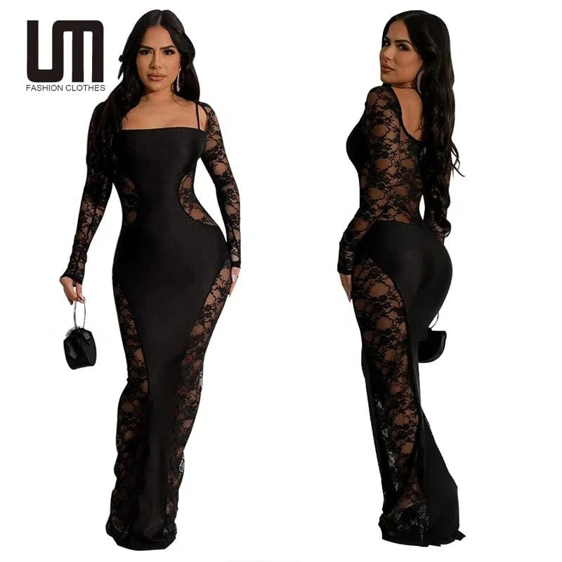 Liu Ming Fashionable 2024 Elegant Women Sexy Lace Patchwork Backless Ladies Party Slim Long Maxi Dresses