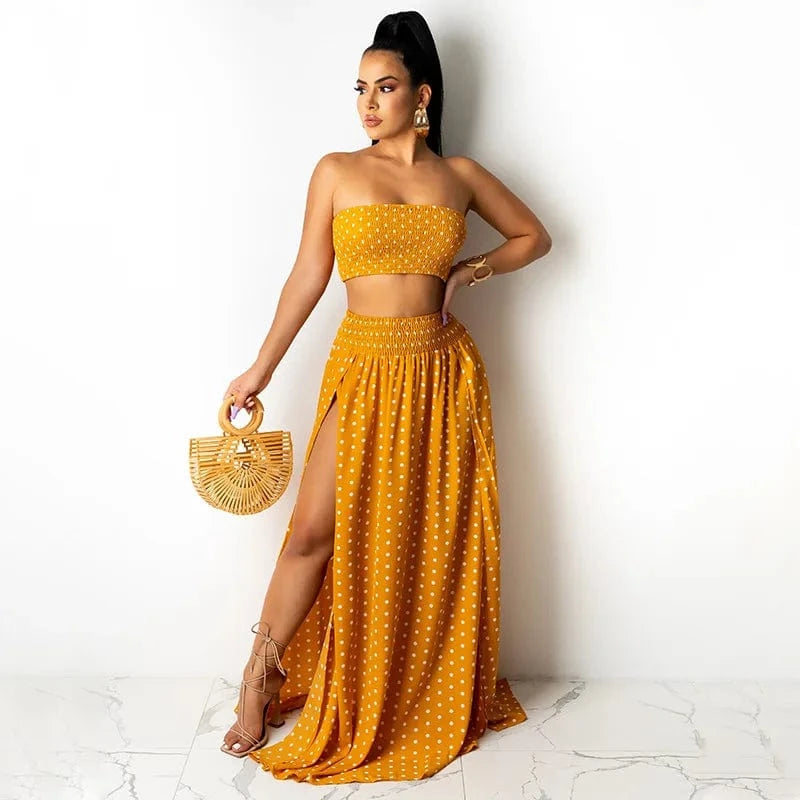 Liu Ming Fashionable 2024 Spring New Women Sexy Off Shoulder Wrap Chest Split Solid Color Maxi Skirt Set