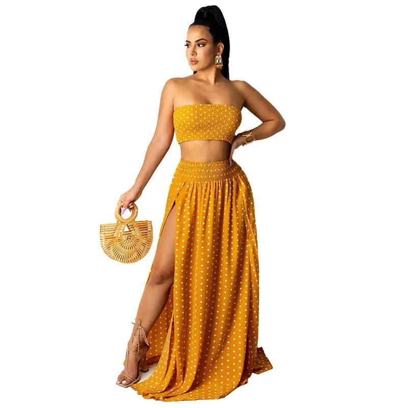 Liu Ming Fashionable 2024 Spring New Women Sexy Off Shoulder Wrap Chest Split Solid Color Maxi Skirt Set