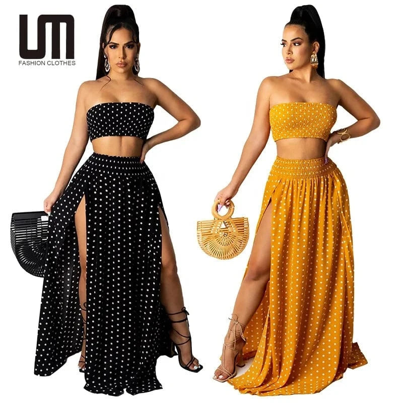 Liu Ming Fashionable 2024 Spring New Women Sexy Off Shoulder Wrap Chest Split Solid Color Maxi Skirt Set