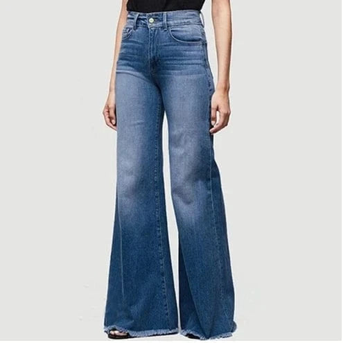 Liu Ming Hot Selling Wholesale 2024 Vintage Fashion Women Stretch Pocket Trousers High Waist Wide Leg Denim Flare Jeans