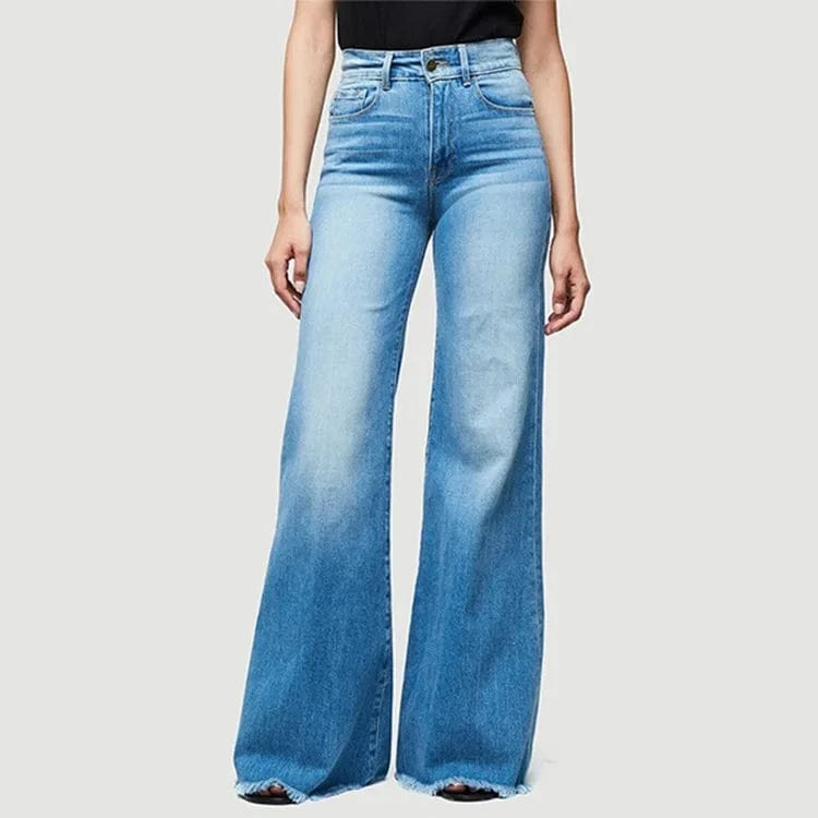 Liu Ming Hot Selling Wholesale 2024 Vintage Fashion Women Stretch Pocket Trousers High Waist Wide Leg Denim Flare Jeans