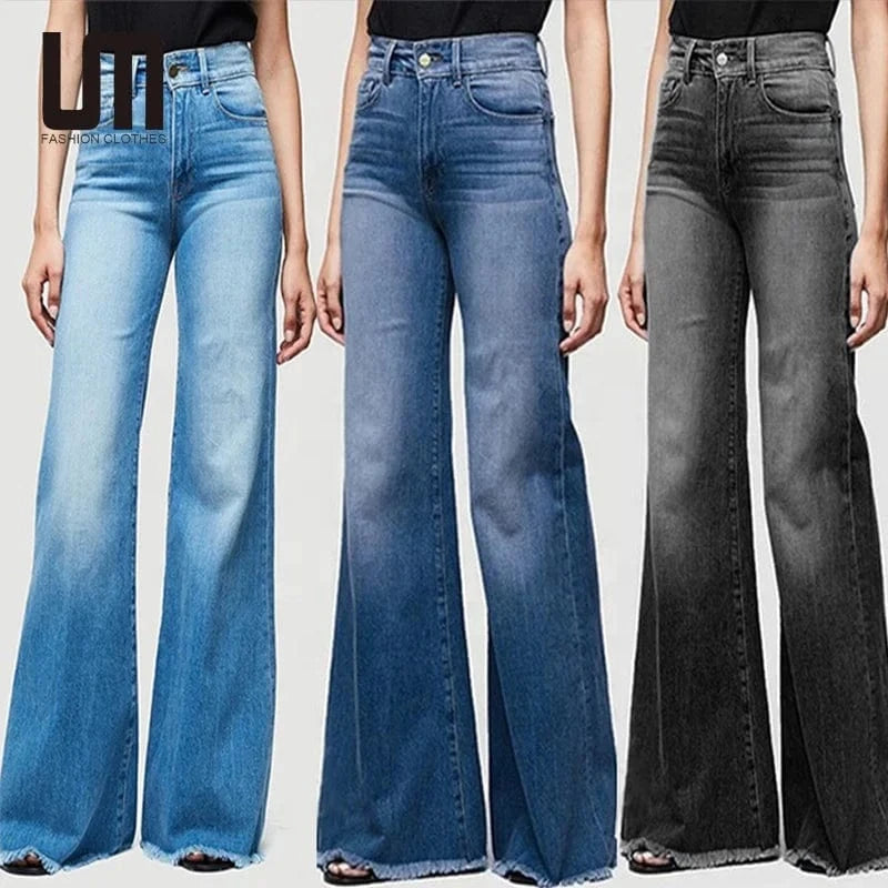 Liu Ming Hot Selling Wholesale 2024 Vintage Fashion Women Stretch Pocket Trousers High Waist Wide Leg Denim Flare Jeans