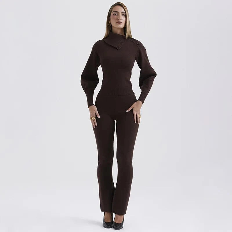 Liu Ming Hot Trending Products 2024 Women Fall Winter Knitted Two Piece Irregular Button Lapel Sweater Flare Pants Matching Set