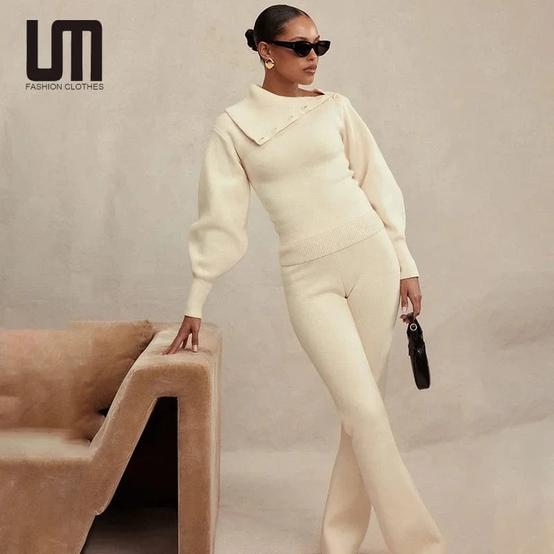 Liu Ming Hot Trending Products 2024 Women Fall Winter Knitted Two Piece Irregular Button Lapel Sweater Flare Pants Matching Set