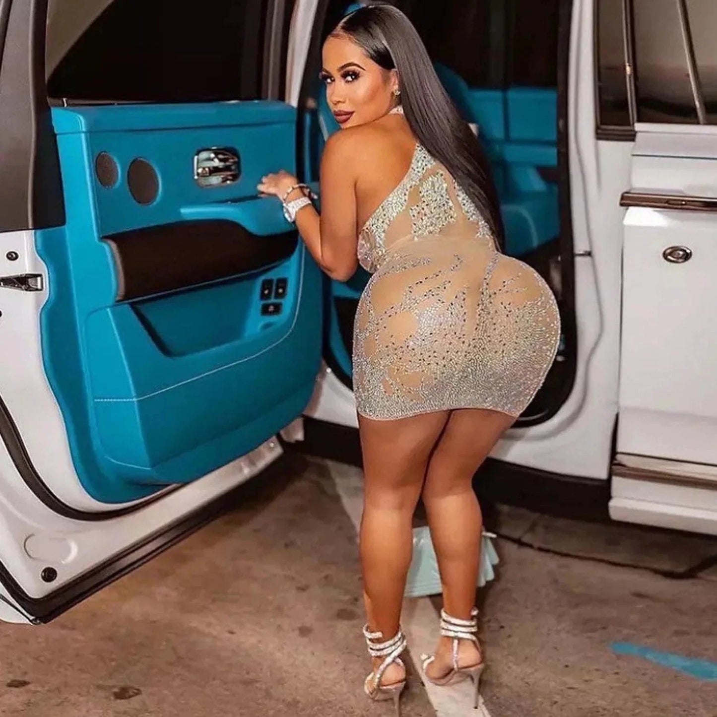 Liu Ming New 2024 Products Woman Sleeveless Mesh Solid Color Rhinestone O Neck Casual Bodycon Mini dress