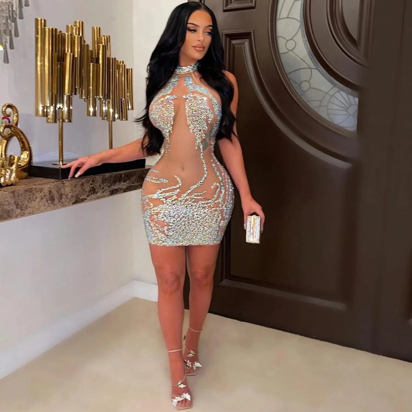 Liu Ming New 2024 Products Woman Sleeveless Mesh Solid Color Rhinestone O Neck Casual Bodycon Mini dress