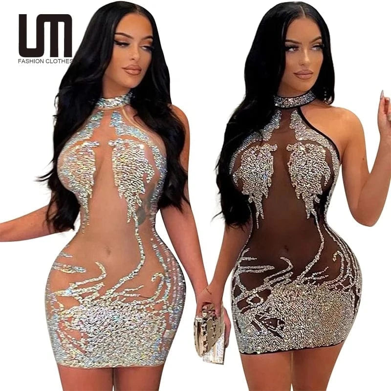 Liu Ming New 2024 Products Woman Sleeveless Mesh Solid Color Rhinestone O Neck Casual Bodycon Mini dress