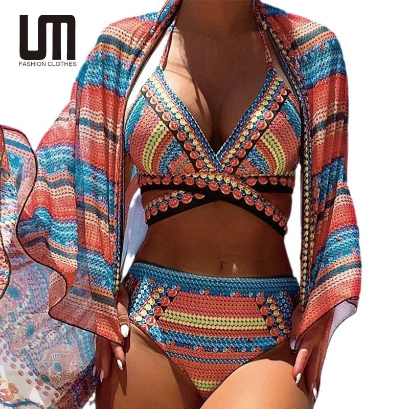 Liu Ming New Arrivals 2024 Summer Women Push Up Printed Sexy Swimwear Female Brazilian Bathing Suit Cover Up 3 Piece Bikini Set