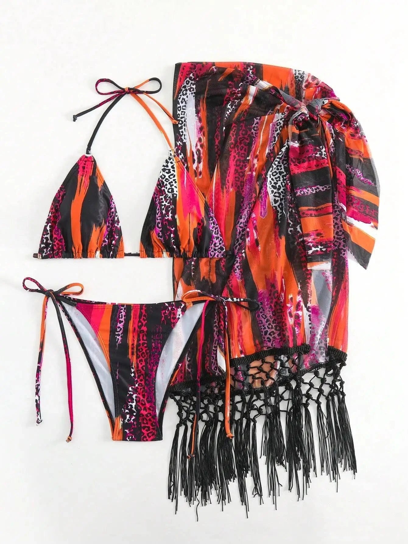 Liu Ming New Products 2024 Sexy African Printed Halter Lace Up Tassels Swimwear Bathing Suit 3 Piece Set Bikini