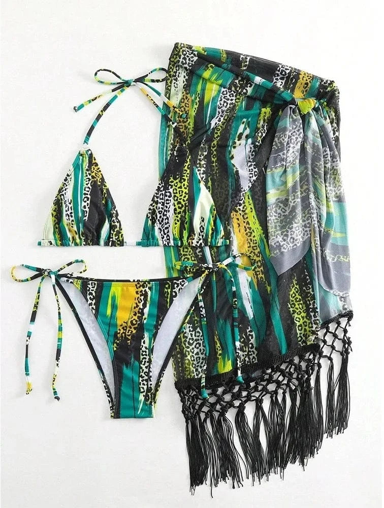 Liu Ming New Products 2024 Sexy African Printed Halter Lace Up Tassels Swimwear Bathing Suit 3 Piece Set Bikini