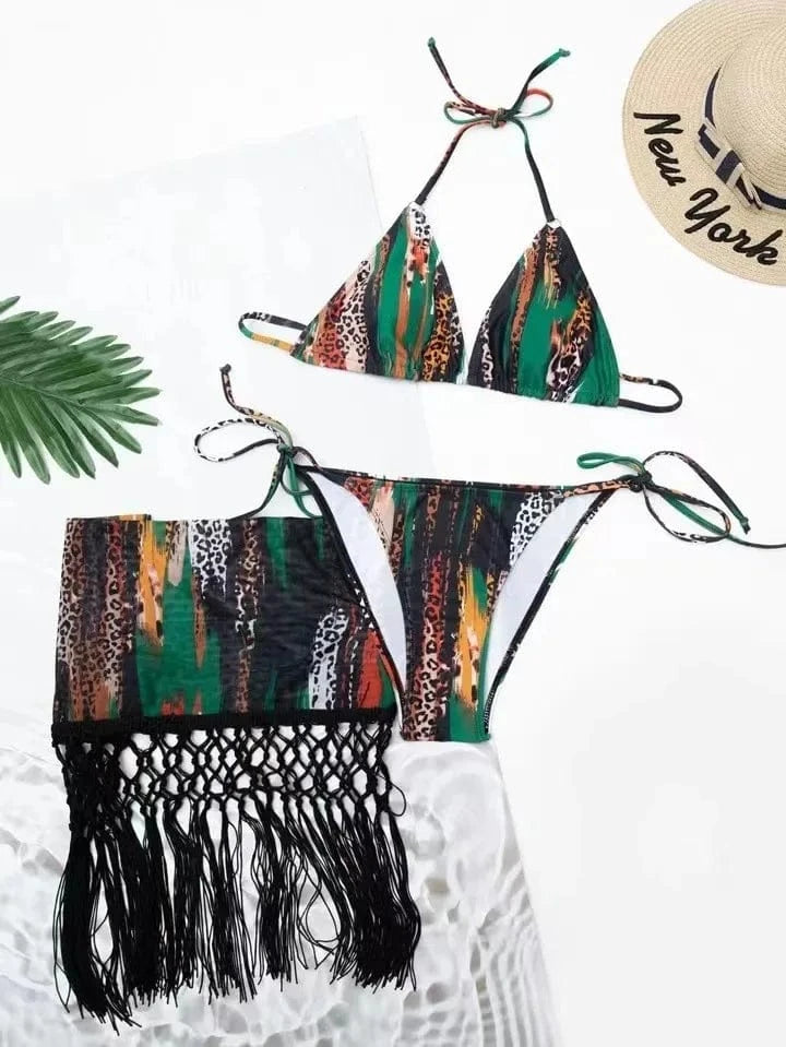 Liu Ming New Products 2024 Sexy African Printed Halter Lace Up Tassels Swimwear Bathing Suit 3 Piece Set Bikini