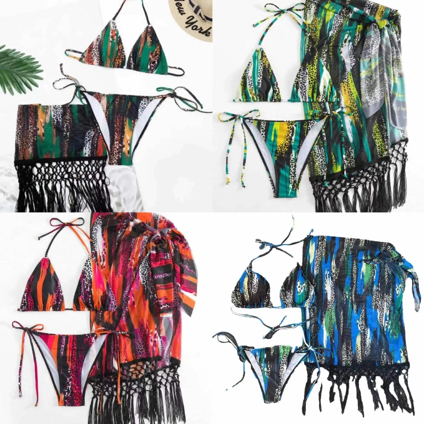 Liu Ming New Products 2024 Sexy African Printed Halter Lace Up Tassels Swimwear Bathing Suit 3 Piece Set Bikini