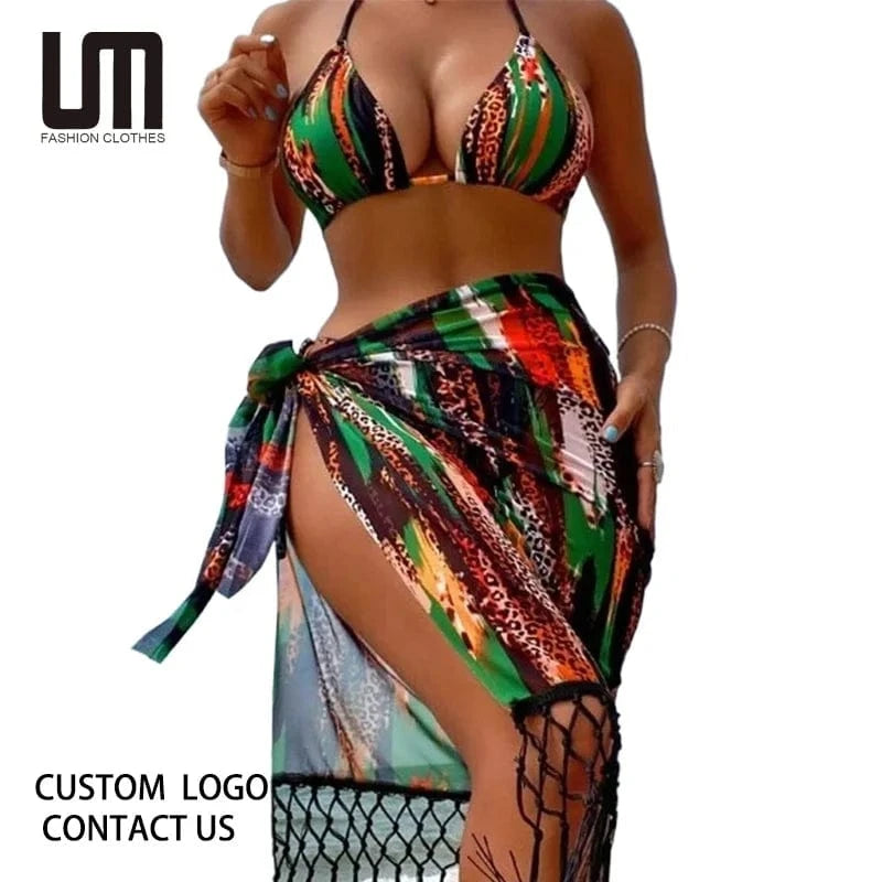 Liu Ming New Products 2024 Sexy African Printed Halter Lace Up Tassels Swimwear Bathing Suit 3 Piece Set Bikini