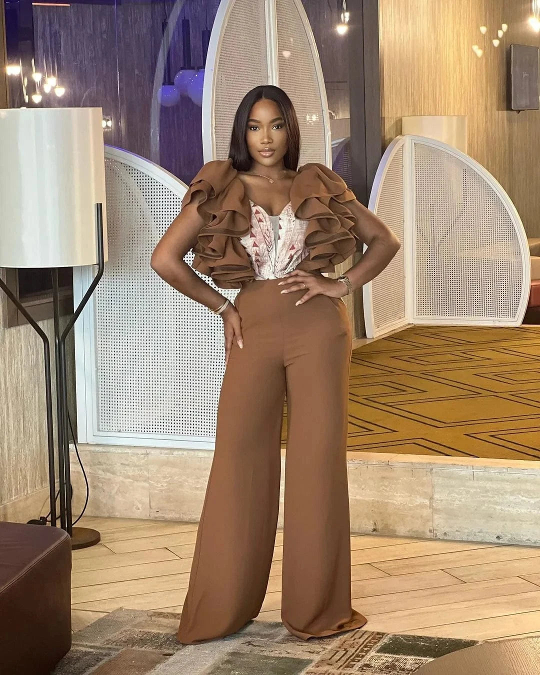 Liu Ming Spring Summer 2024 New Design V Neck Sleeveless Ruffles Casual Loose Wide Leg Rompers Jumpsuits For Women