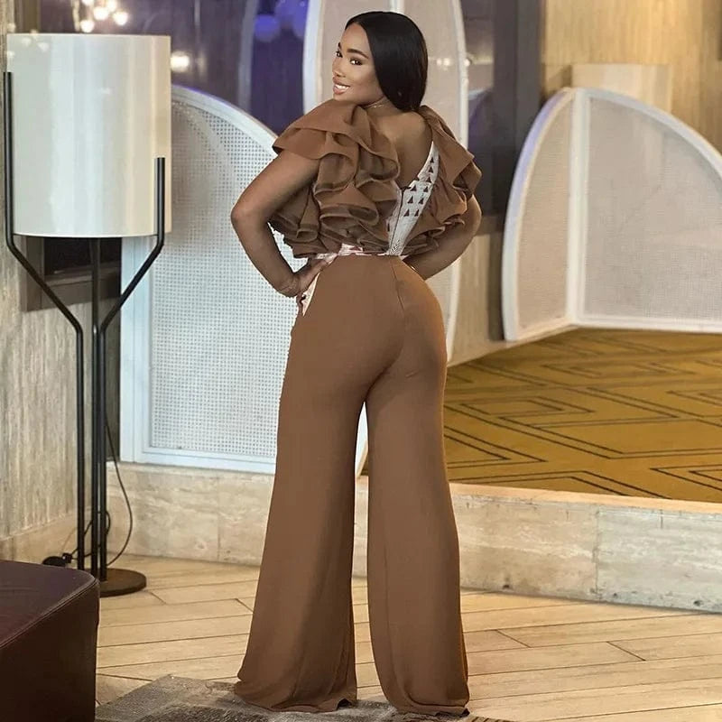 Liu Ming Spring Summer 2024 New Design V Neck Sleeveless Ruffles Casual Loose Wide Leg Rompers Jumpsuits For Women