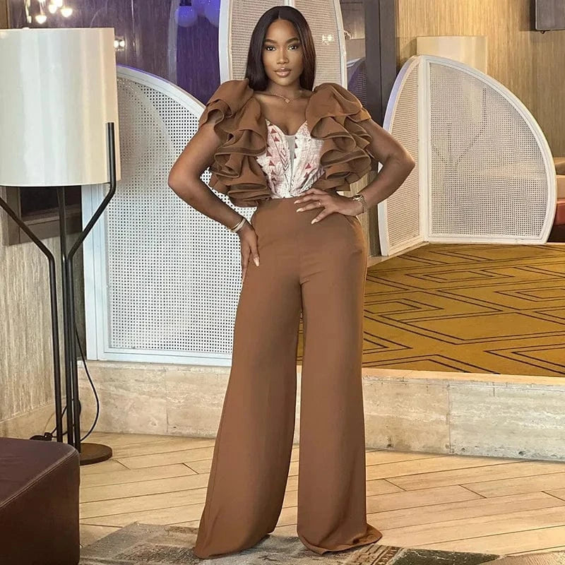 Liu Ming Spring Summer 2024 New Design V Neck Sleeveless Ruffles Casual Loose Wide Leg Rompers Jumpsuits For Women