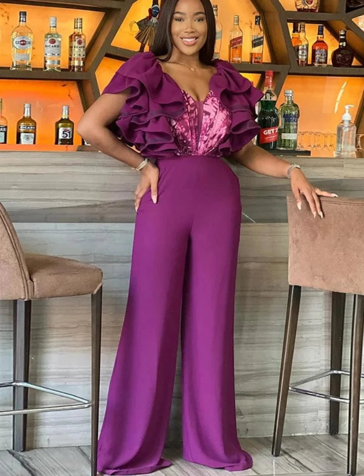 Liu Ming Spring Summer 2024 New Design V Neck Sleeveless Ruffles Casual Loose Wide Leg Rompers Jumpsuits For Women